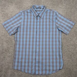 Travis Mathew Shirt Mens XL Blue Gray Gingham Performance Short Sleeve Button Up